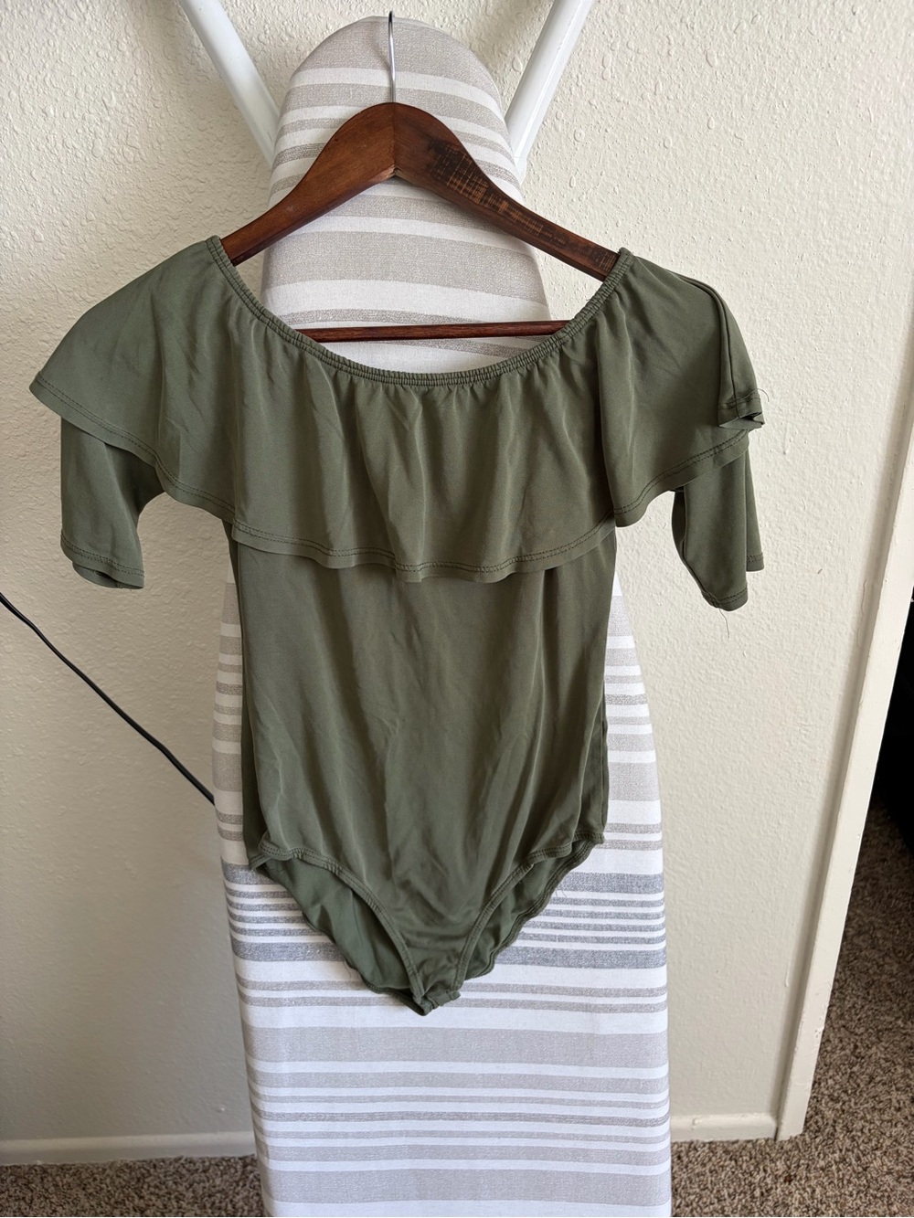 Charlotte Russe Olive Green Off-Shoulder Ruffle Bodysuit